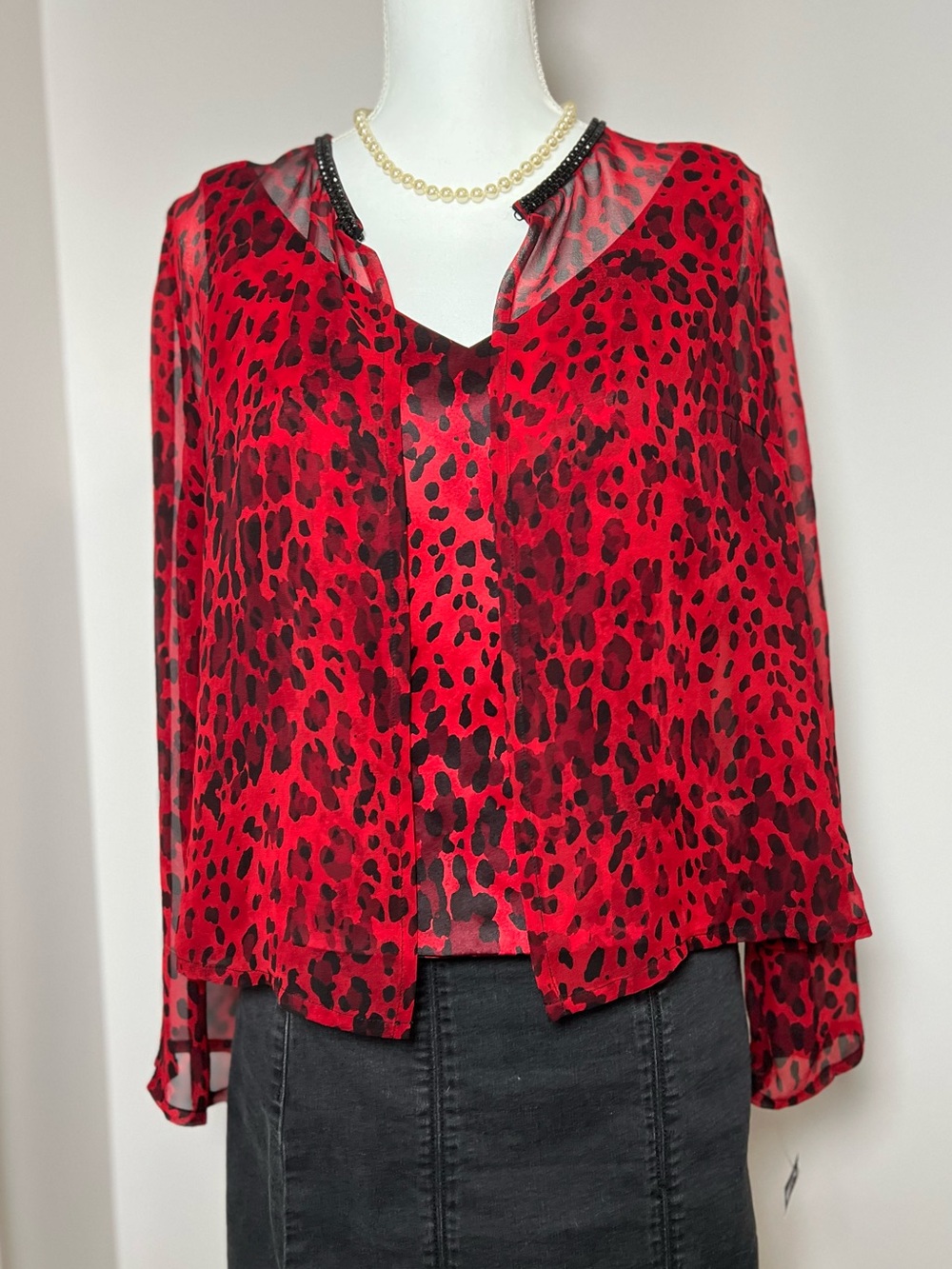 Deadstock NWT 90s/Y2K 100% Silk Leopard Red Animal Print Cardigan & Tank Set ❤️🐆